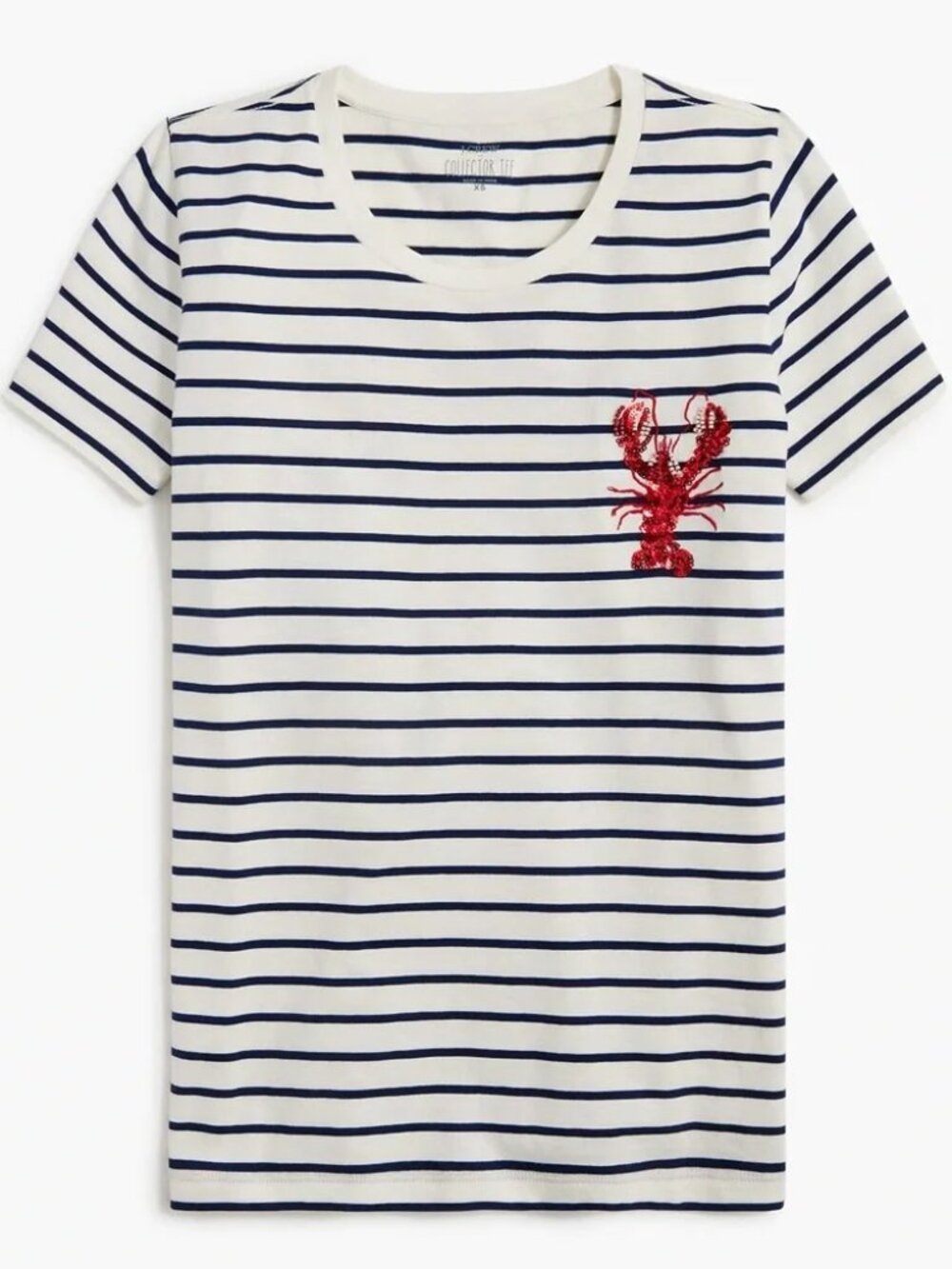 NWT J. Crew Navy and White Striped Tee with Beaded Lobster Design